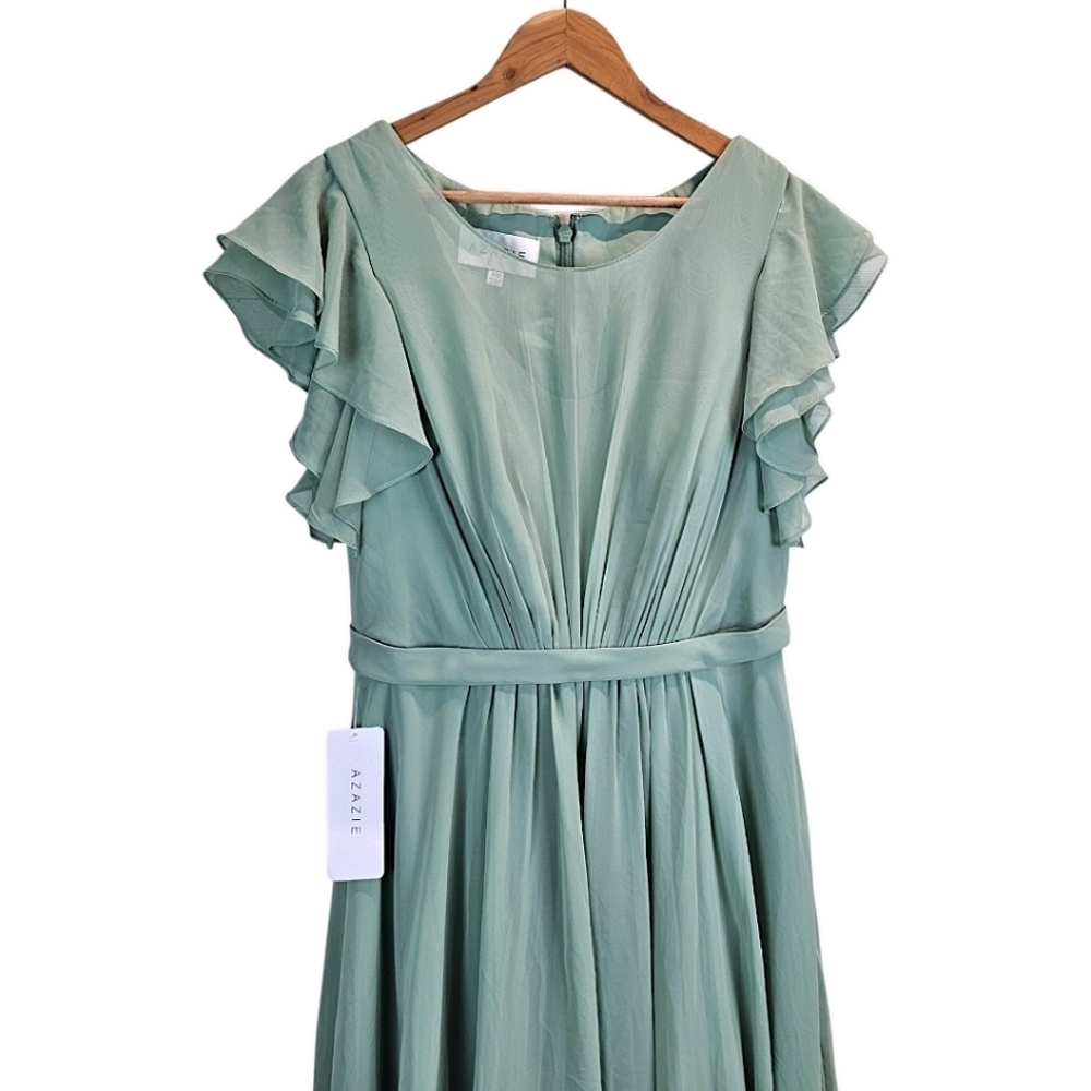 Azazie Womens Daphne A-Line Ruffled Chiffon Floor-Length Dress 14 Matcha Green - Picture 4 of 13